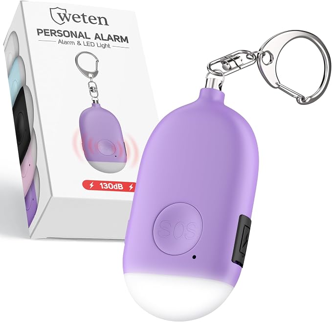 Weten Rechargeable Personal Alarm Keychain - 130dB Siren & LED Light - Stylish Personal Safety Alert for Women to Carry - Panic Button Alarm for Security - Rape Whistle for Self Defense (Purple)