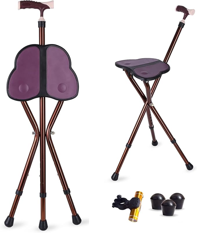 Folding Cane Seat 441 lbs Capacity Thick Aluminum Alloy Cane Stool Crutch Chair Seat Three-Legged Cane Seats Highly Adjustable Walking Stick Tall Unisex for Elderly As Gift