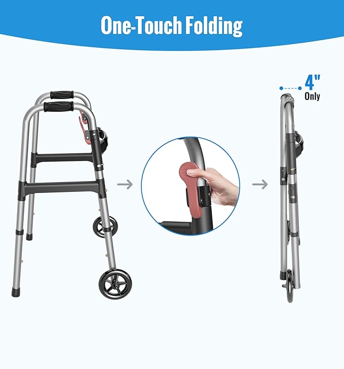 HOMLAND Standard Walkers for Seniors, 6.5lb Lightweight Foldable Walker | One-Hand Folding, 8 Height Adjustments, 350lb Capacity, Easy to Assemble, 2 Skis, 5" Wheels, Aluminum Frame, Frosted Silver