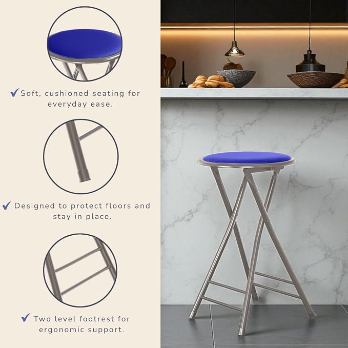 Lavish Home Folding Stool with Padded Backless Seat, Blue, 24 Inch | Counter Height Bar Stools with 225lb Capacity, Portable Indoor & Outdoor, Extra Seat for Kitchen, Rec Room or Camping