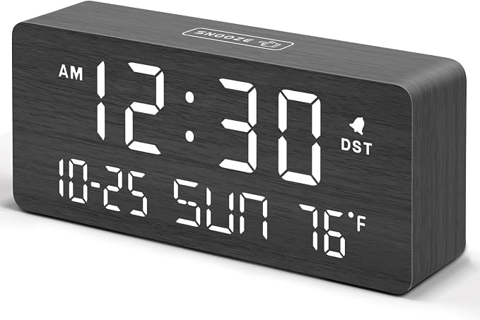 DreamSky Wooden Digital Alarm Clocks for Bedrooms with Date & Day of Week | Living Room Desk Clock, Temperature, USB Port, Dimmer Wheel, Adjustable Volume, Auto DST, Office Wood Decor (Plug-in)