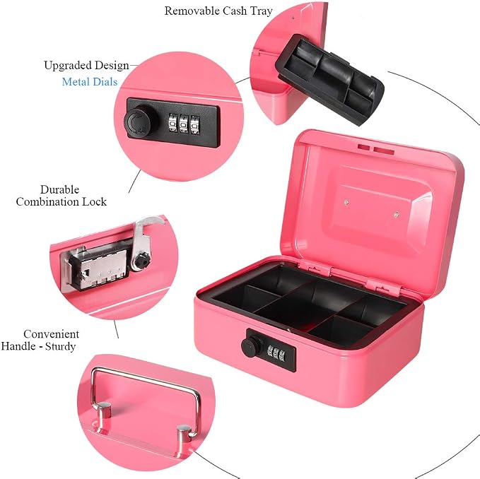 Jssmst Medium Cash Box with Combination Lock - Durable Metal Cash Box with Money Tray Pink,7.87 x 6.3 x 3.35 inches,CB0704M