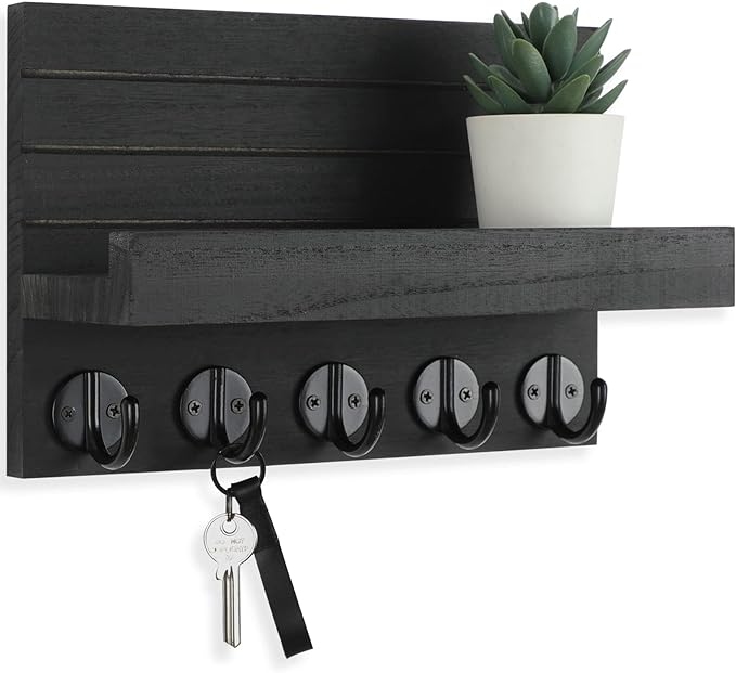 Lwenki Key Holder for Wall, Decorative Key and Mail Holder with Shelf Has Large Hooks for Bags, Coats, Umbrella – Paulownia Wood Key Hanger with Mounting Hardware (9.8”W x 6.7”H x 4.2”D)
