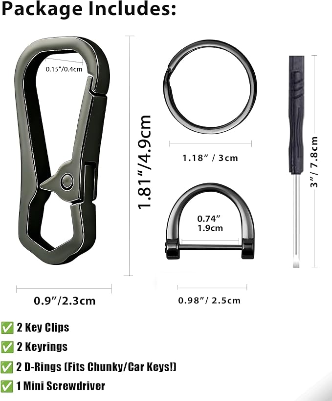 Metal Key Chain Carabiner Clip with Key Ring and D Ring | Heavy duty build, full accessory packs, quick release, multi purpose hook, belt loop holder, separate home and car fob sets
