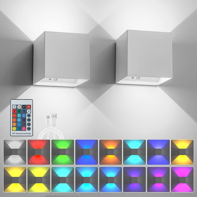 LED RGB Wall Lights for Room Decor, 16 Colors Remote Control, 6000mAh Battery Operated Rechargeable Dimmable Cordless Wall Sconces Set of 2 for Bedroom Living Room
