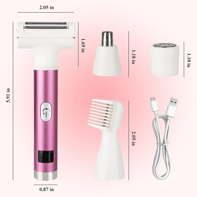 Wet & Dry Electric Razor for Women Men,4 in 1 Rechargeable Led Display Electric Shaver and Facial Hair Remover,Painless Ladies Body Razors for Nose Face Body Leg Bikini Arm Hair (White & Pink)