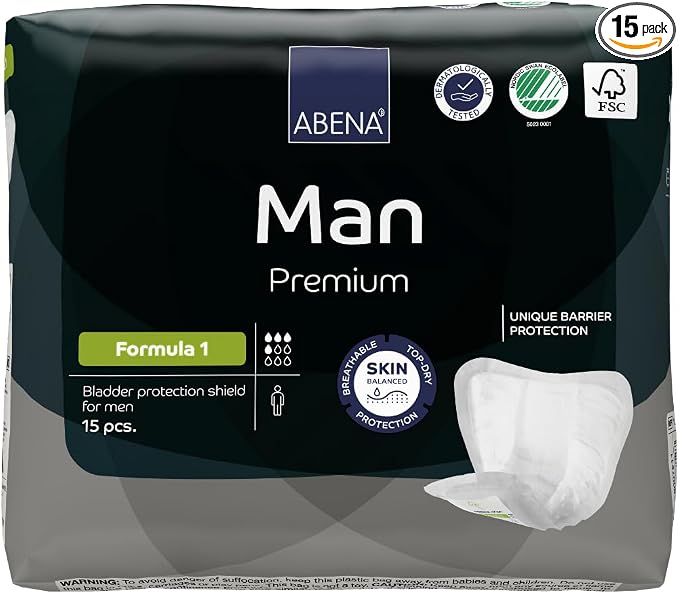 Abena Man Formula 1 Incontinence Pads for Men, 15 Count, Eco-Friendly, Breathable, Comfortable, Absorbs up to 15.2 fl oz