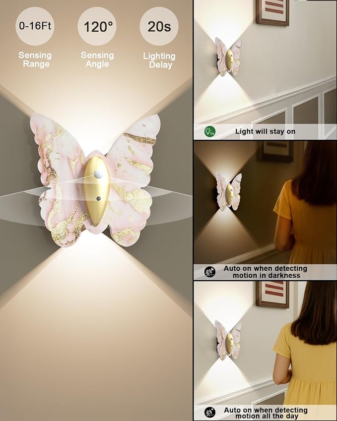 Eneru Motion Sensor Wall Sconce Set of 2, Rechargeable Wall Lights, Indoor | 5000mAh Battery Operated Wall Sconces, Magnetic Butterfly Motion Night Light for Hallway Stair Closet Pantry, Pink & Gold
