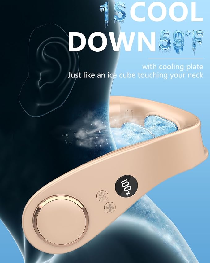 Neck Fan with Semiconductor Cooling Plate, Rechargeable 5500mAh Battery, LED 5 Speeds & 3 Cooling Modes Display, USB Personal Cooling Device Gift for Hot Weather Mother’s Day Father’s Day, Apricot