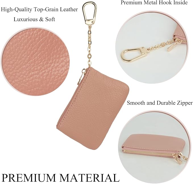 Full Grain Leather Coin Purse with Key Chain - Small Change Purse Keychain Card Holder Keychain Pouch Small Keychain Wallet for Women and Men (Pink)