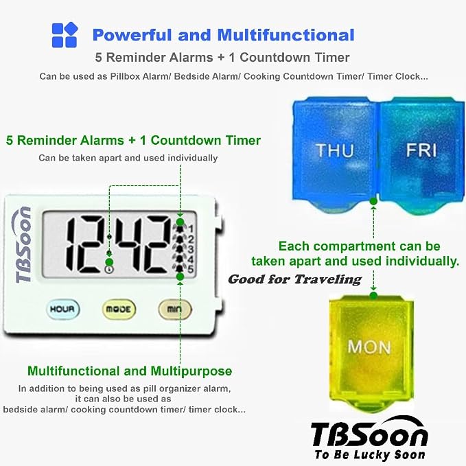 [4 in 1] 7 Day Medicine Pill Organizer+5 Reminder Alarms+Timer+Clock,Large Compartment,Loud Sound,Large Screen,Moisture-Proof,Dust-Proof,Travel Weekly/Daily Pill Box/Organizer/Case/Container/Dispenser