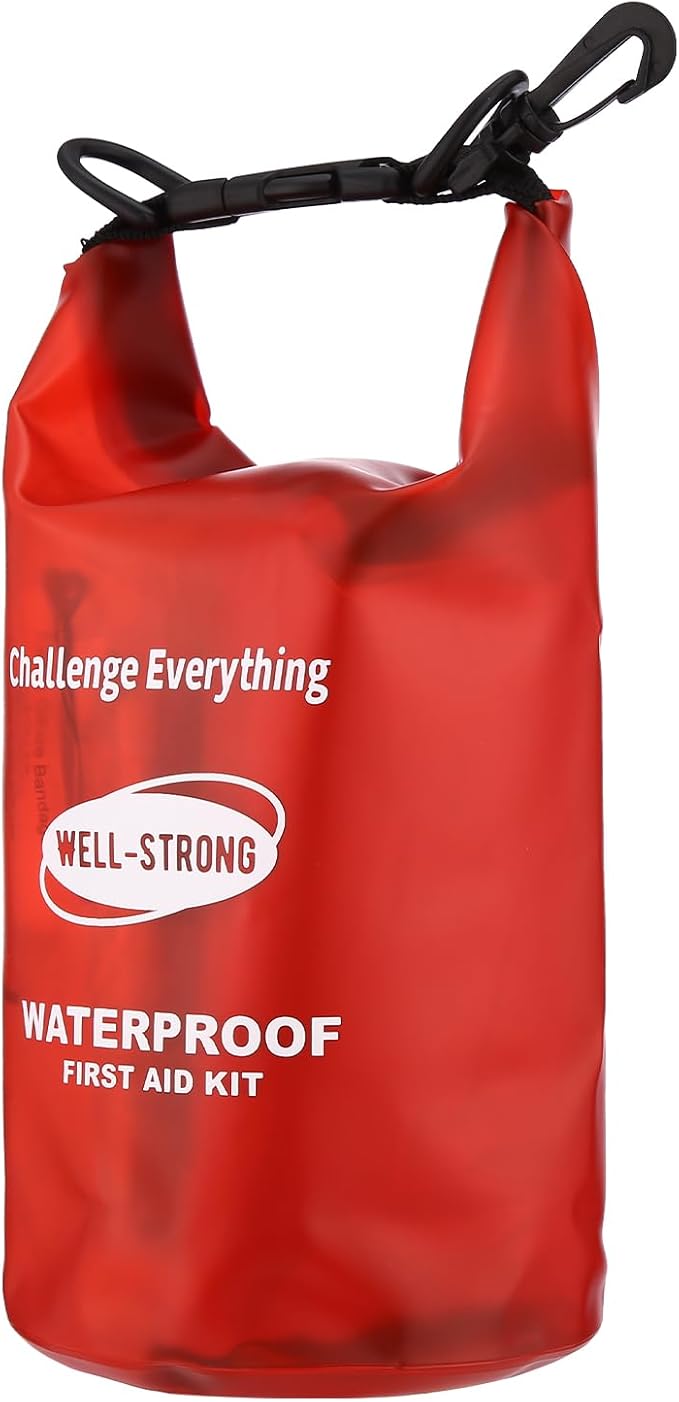 WELL-STRONG Dual Waterproof Boat First Aid Kit, Emergency Marine Kit with Buckles, Compact Boat Safety Accessories for Fishing Kayaking Boating Swimming Camping Rafting Beach Transparent Red