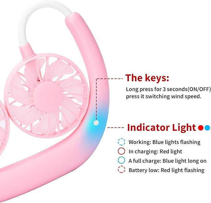 JUANANIUG Portable Neck Fan Rechargeable Personal HandFree Fan Mini USB Wearable Neckband Sport Fan 3 Speed Adjustable 360 Degrees Rotation Perfect for Working Traveling Office Reading (Pink)