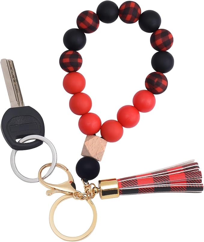 BAOSIWA Silicone Key Ring Bracelet Wristlet Keychain Unique Beaded Bangle Key Chains for Women with Leather Tassel