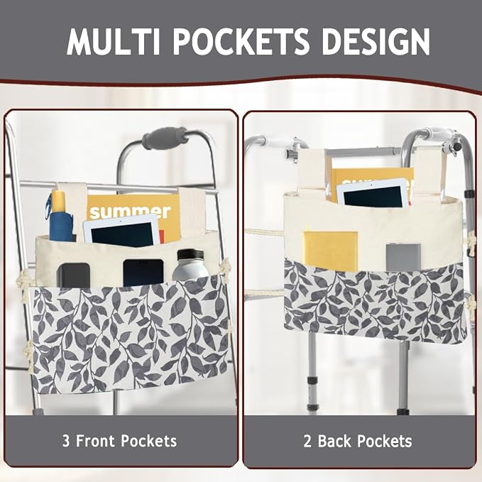 Walker Bag, Washable Walker Accessories Storage Bags with Cup Holder, Handy Walker Basket Pouch Tote Bag for Folding Walker, Wheelchairs, Strollers (Black Leaves)