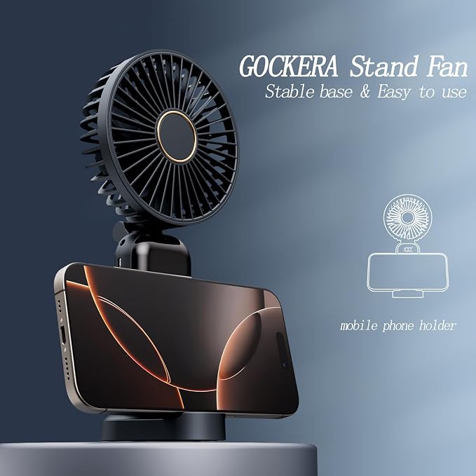 GOCKERA Portable Fan, 4200mAh Battery Operated Fan, 5 Speeds&Digital Display, Makeup Fans for Women with Base, 180°Foldable 3in1 Handheld/Neck/Desk Fan for Outdoor Indoor,Ultra Quiet (Black white)