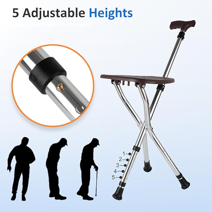 Cane with Seat Folding Lightweight,Cane Chair for Seniors Balance Supports Up to 265 Pounds,Walking Stick Height Adjustment，Anti-Slip Walking Stick for Elderly Men, Disabled