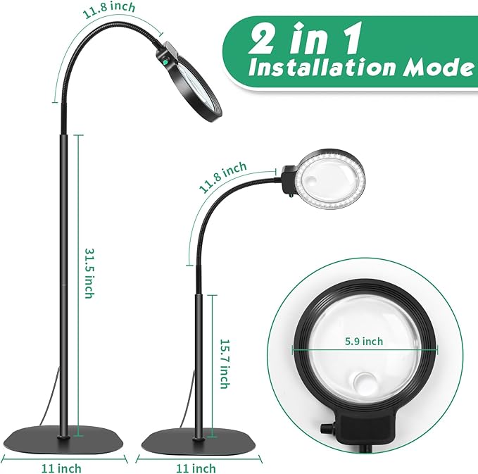 10X 30X Floor Magnifying Glass with Light and Stand,36 LED Flexible Gooseneck Magnifying Lamp, Adjustable Brightness Large Lighted Magnifiers for Reading,Sewing,Crafts,Painting,DIY,Close Work