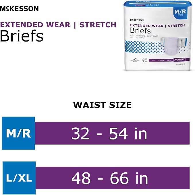 McKesson Extended Wear Stretch Briefs, L/XL 48, Large, 66 in, 56 ct | Overnight Adult Diapers with Tabs, Unisex Disposable Incontinence Briefs for Men and Women