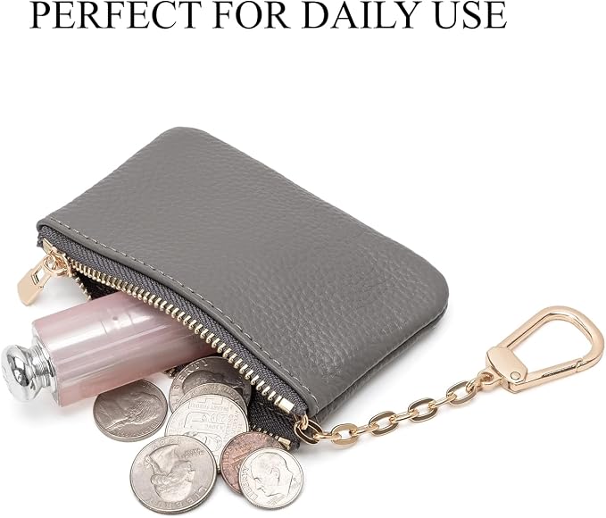 Full Grain Leather Coin Purse with Key Chain - Small Change Purse Keychain Card Holder Keychain Pouch Small Keychain Wallet for Women and Men (Gray)