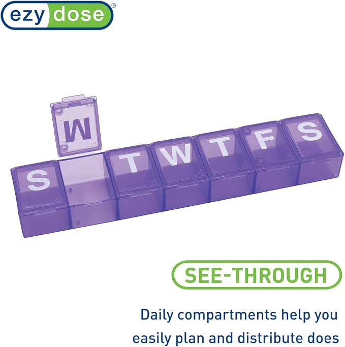 EZY DOSE Weekly (7-Day) Pill Case, Medicine Planner, Vitamin Organizer Box, Convenient and Easy to Use, X-Large Compartments, Travel Friendly, Purple, BPA Free