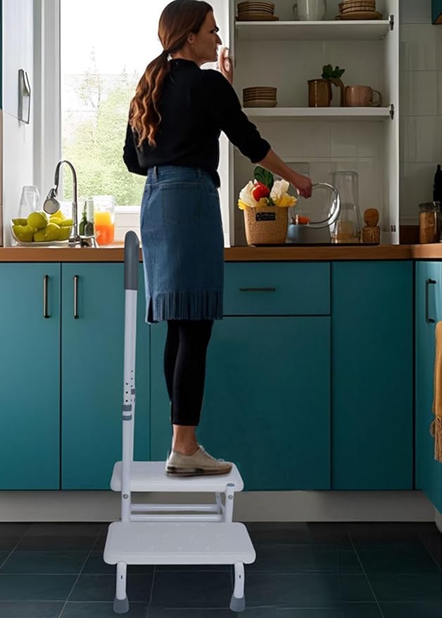 Heavy Duty 2 Step Stool with Adjustable Handrail - 5 Kinds of Height Adjustable, for Seniors Elderly, Adults and Others who Need Extra Help, Can Withstand 400 Pounds
