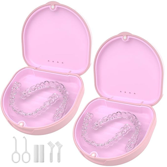 2 Pack Retainer Case, Slim Aligner Case with Vent Holes and Silicone Liner, Compatible with Invisalign, Includes Removal Tool, Brush, Chews, Pink