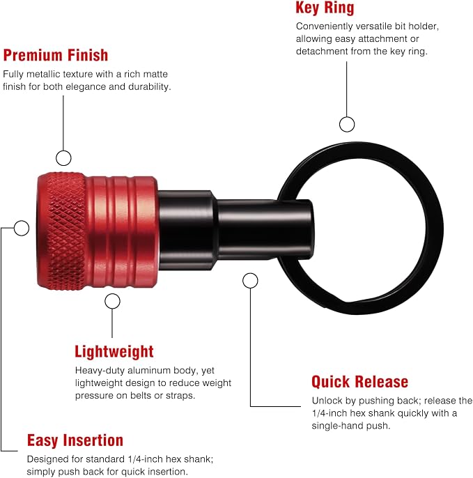 Katerk Bit Holder Keychain 12 Pcs, 1/4-Inch Hex Shank, Quick Release, Red | Aluminum Alloy, Impact Drivers, Drill Bits, Tool Belt Use, Carabiner Clip, One-Handed Operation, Ball Lock, Compact Organizer