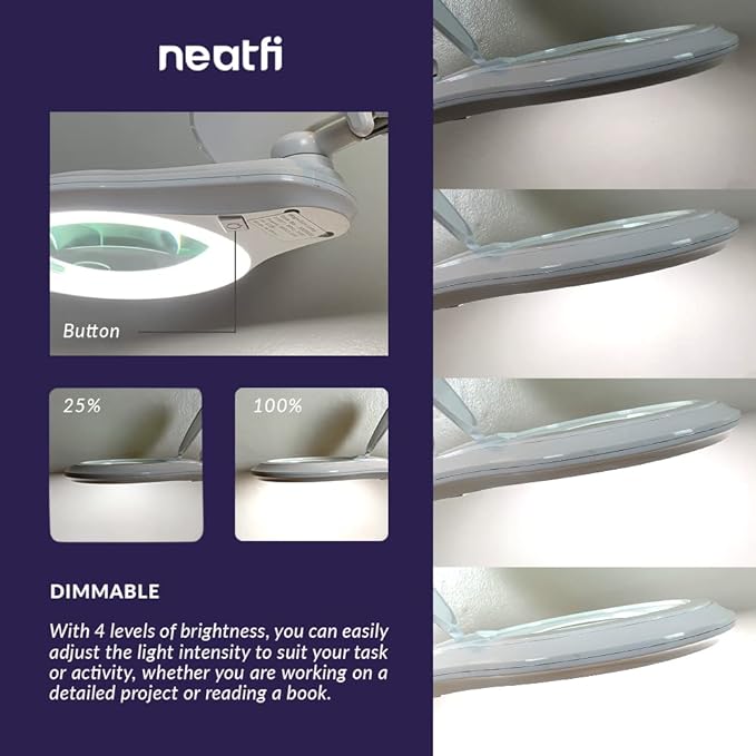 Neatfi (New Model Bifocals 1,200 Lumens Super LED Magnifying Lamp with Clamp, Dimmable, 5 Inches Diameter Lens, Adjustable Arm Utility Clamp (8 Diopter + 20 Diopter, White)