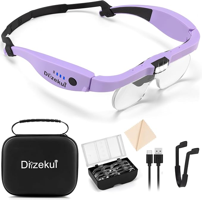 Dilzekui Magnifying Glasses w/Light,1.5X-5X Magnifying Glass Acrylic Lenses | Storage Case, Type-c Charged, Elastic Headband Magnifier, Handsfree Worn with Glasses for Close Work Craft Hobby Cross Stitch