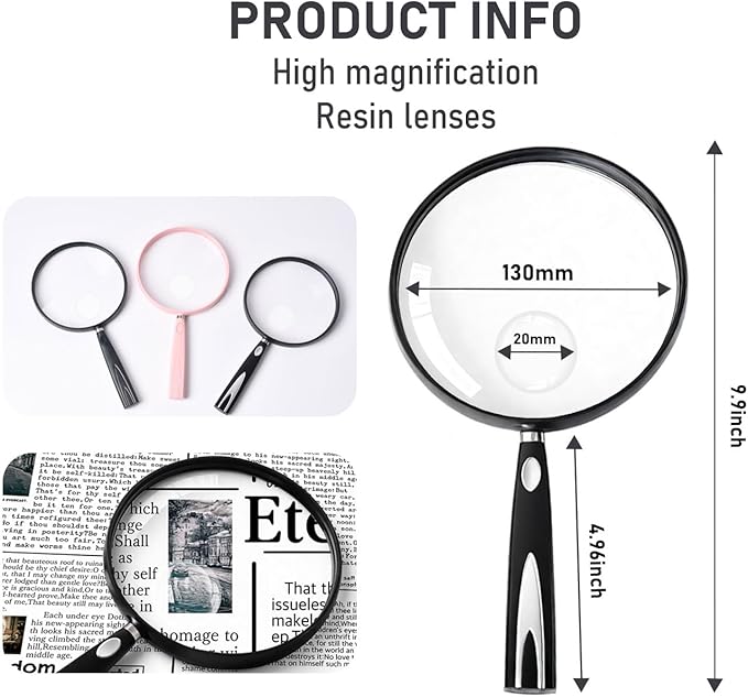 Feosky Handheld Reading Magnifier, 10X Magnifier, 130mm Shatterproof Lens, Non-Slip Handle for Adults Close Work, Seniors Reading and Nature Exploration, Hobby Observation(Silver)