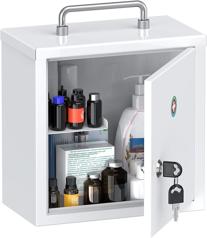 Uniclife Wall Mount Medicine Cabinet with Key Lock & Handle Locking First Aid Cabinet Lockable Medical Cabinet Lightweight Medium Medicine Organizer Secure Steel Wall Cabinet Metal Storage Box, White
