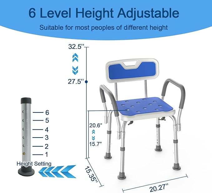 Shower Chair with Arms for Tub,Sturdy Aluminum Alloy Bath Chair,Slip Resistant Shower Bench,Height-Adjustable Shower Seat with Padded Handles for Seniors