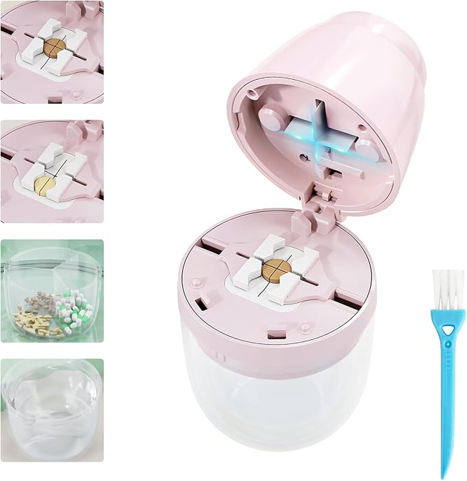 Pill Cutter with Water Cup, 1/4 Pill Splitter for Small and Large Pills Precision Quarter Cutter Splitter with Dispenser, 3-Compartment Storage | Stainless Steel Blade (Pink)