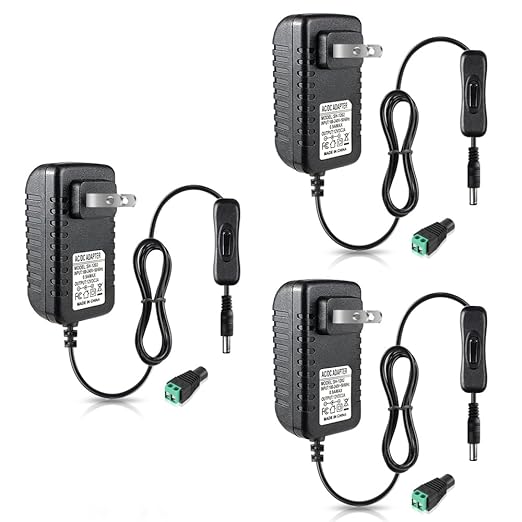 12V Power Supply, 12 Volt 2A 24W DC Power Supply with On Off Switch, Black Switching LED Power Adapter, AC 110V to 12V Transformer Plug for LED Strip Lights with 5.5/2.1 DC Female Connector, 3 Pack