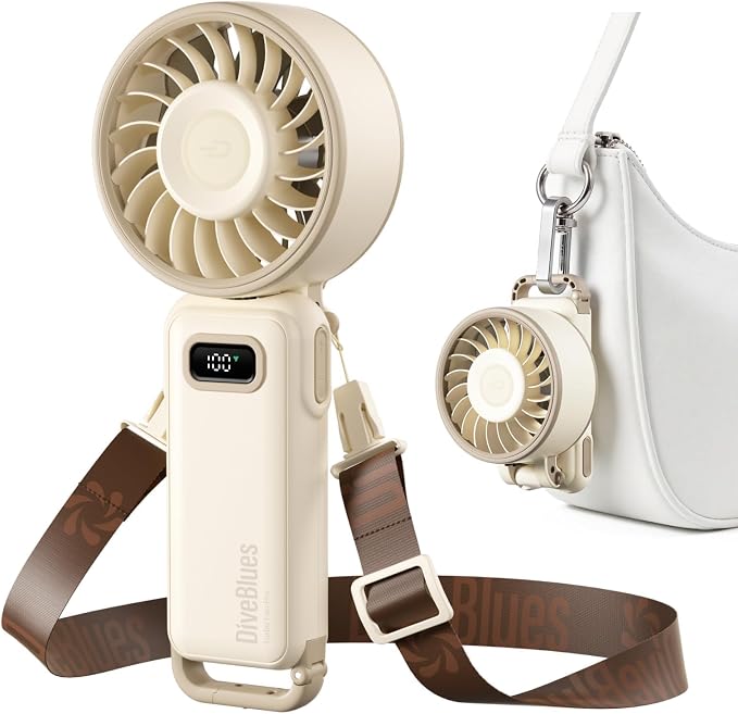 Diveblues Portable Handheld Fan D6036 Cream | 7.4m/s High Speed Turbo, 180° Foldable 4-in-1, Personal Neck Fan with Carabiner Clip, 100 Speed Stepless Control