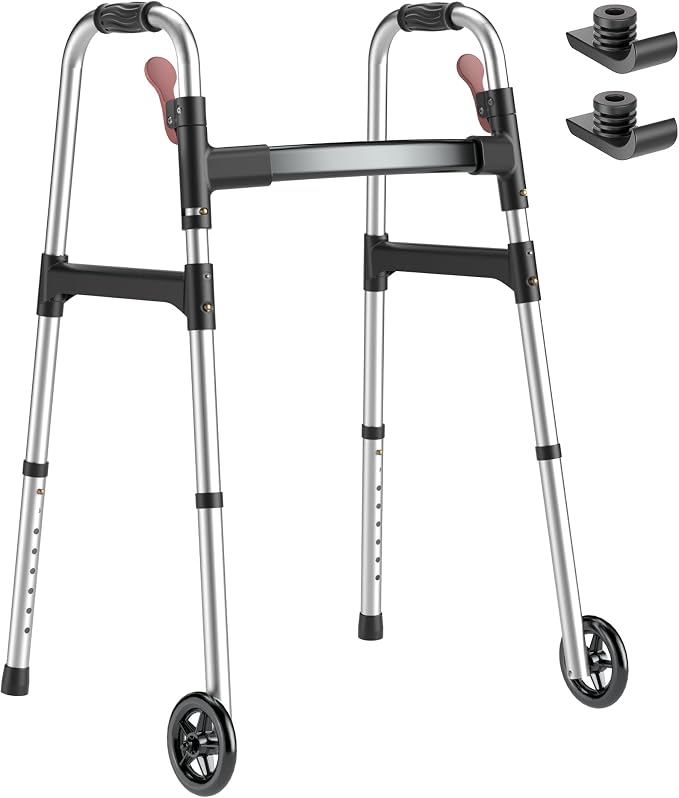 HOMLAND Standard Walkers for Seniors, 6.5lb Lightweight Foldable Walker | One-Hand Folding, 8 Height Adjustments, 350lb Capacity, Easy to Assemble, 2 Skis, 5" Wheels, Aluminum Frame, Frosted Silver