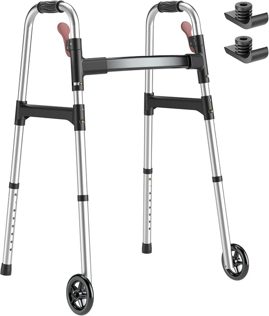 HOMLAND Standard Walkers for Seniors, 6.5lb Lightweight Foldable Walker | One-Hand Folding, 8 Height Adjustments, 350lb Capacity, Easy to Assemble, 2 Skis, 5" Wheels, Aluminum Frame, Frosted Silver