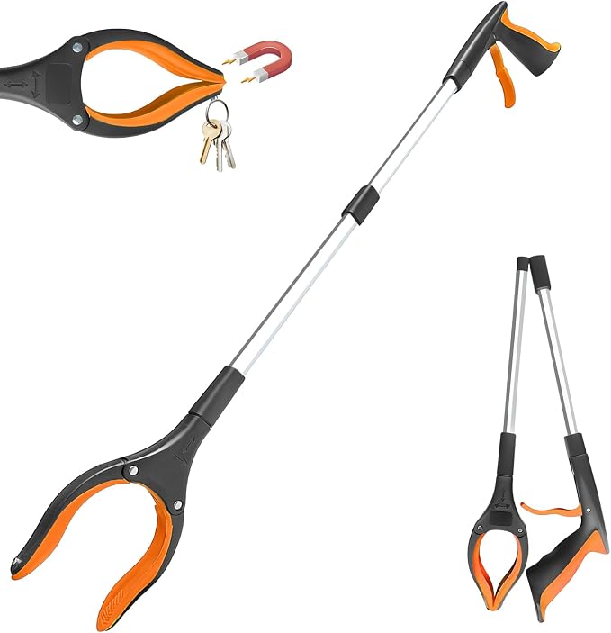 32" Grabber Reacher Tool, 1-Pack Foldable Reacher Grabber Pickup Tool with 360° Anti-Slip Rotating Jaw & Magnet, Mobility Aid Reaching Assist Tool for Trash Pick Up, Lightweight Grabber Tool, Orange