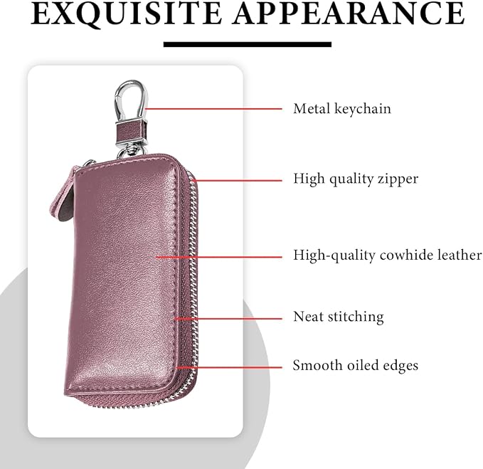 Leather Car Key Holder Bag, Unisex Key Fob Case with 6 Hooks, Zipper Closure Keychian Case Wallet for Smart Keys (Purple)
