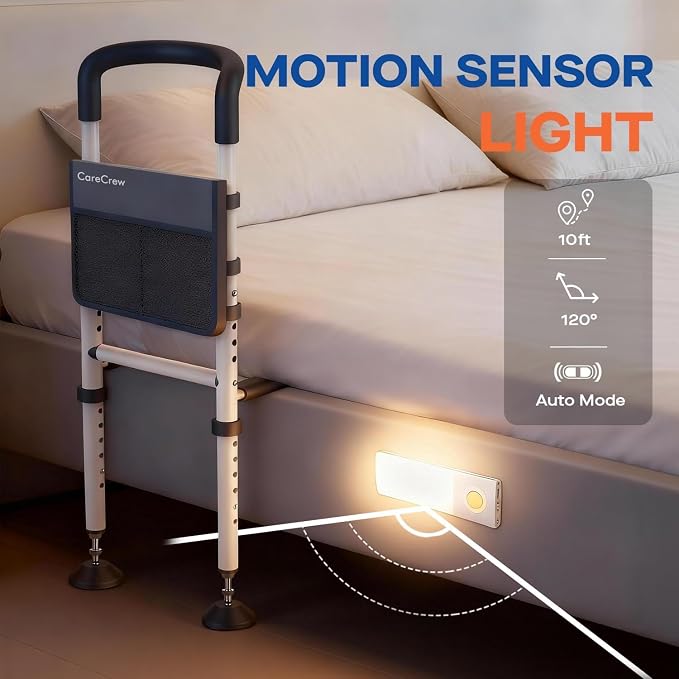 Bed Rails for Elderly Adults Safety: Bed Rails for Seniors with Motion Lights & Storage Pouch, Adjustable Bedside Grab Bar, Bed Cane with Strong Support Leg