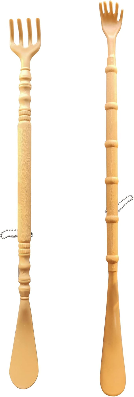 2pcs 2-in-1 Shoe Horn Long Handle and Back Scratcher for Seniors, Extra Long Durable PP Plastic Shoehorn with Vintage Bamboo Finish, Mobility Aid Shoe Helper for Disabled, Post-Surgery Recovery