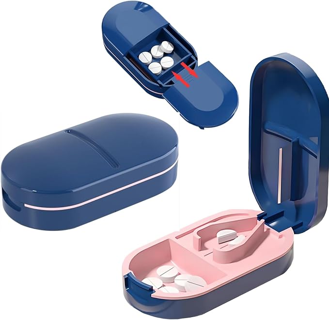 2 in 1 Pill Cutter and Splitter with Stainless Steel Blade for Cutting Small or Large Pills, Travel Mini Medicine Dispenser Box, Supplement Sorter, Fish Oil Planner, Perfect for Traveling