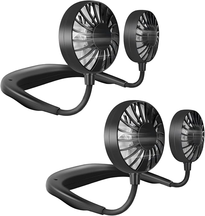 Portable Neck Fan Rechargeable Personal HandFree Fan Mini USB Wearable Neckband Sport Fan 3 Speed Adjustable 360 Degrees Rotation Perfect for Working Traveling Office Reading (Full Black 2pcs)