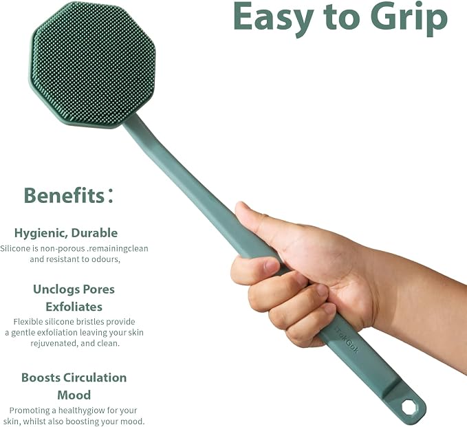 iTokGoK® Silver-Infused Silicone Back Scrubber with Long Handle Back Brush for Shower,Back Brush Long Handle for Men and Women,Ergonomic No-Slip Handle, Long-Lasting (Midnight Green)