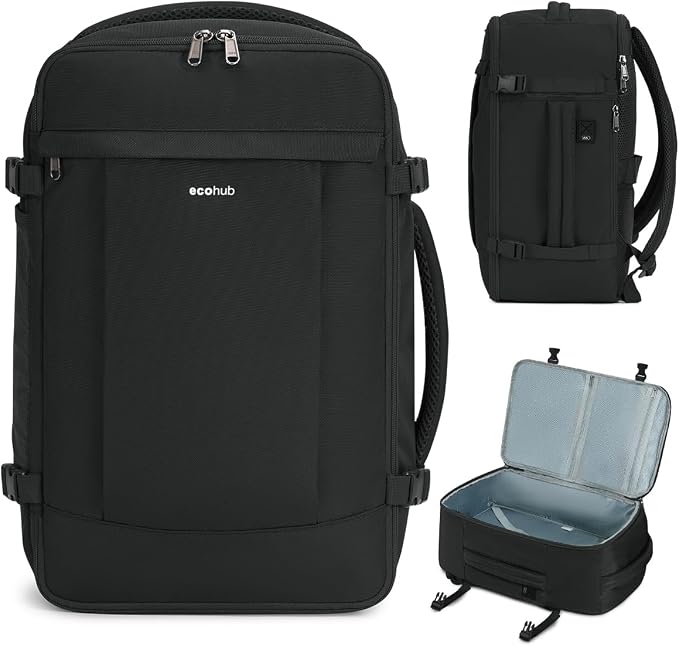 ECOHUB 17'' Small Travel Backpack, United Airlines Personal Item Bag 16.9"x10"x7.5" Carry on Backpack with USB Port Luggage Sleeve Travel Essentials for Men Women Water Resistant, Black