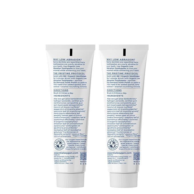 Essential Oxygen BR Certified Organic Toothpaste, for Whiter Teeth, Fresher Breath, Happier Gums, Tooth Sensitivity, Peppermint, 4 Ounce, 2 Count
