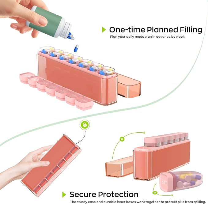 Weekly Pill Organizer 1 Time a Day, HIONXMGA Portable Detachable Travel Pill Box 7 Day, Large Once Daily Pill Holder Case, Color-Coded Dispenser for Vitamin Medicine Supplement Fish Oil, Orange Pink
