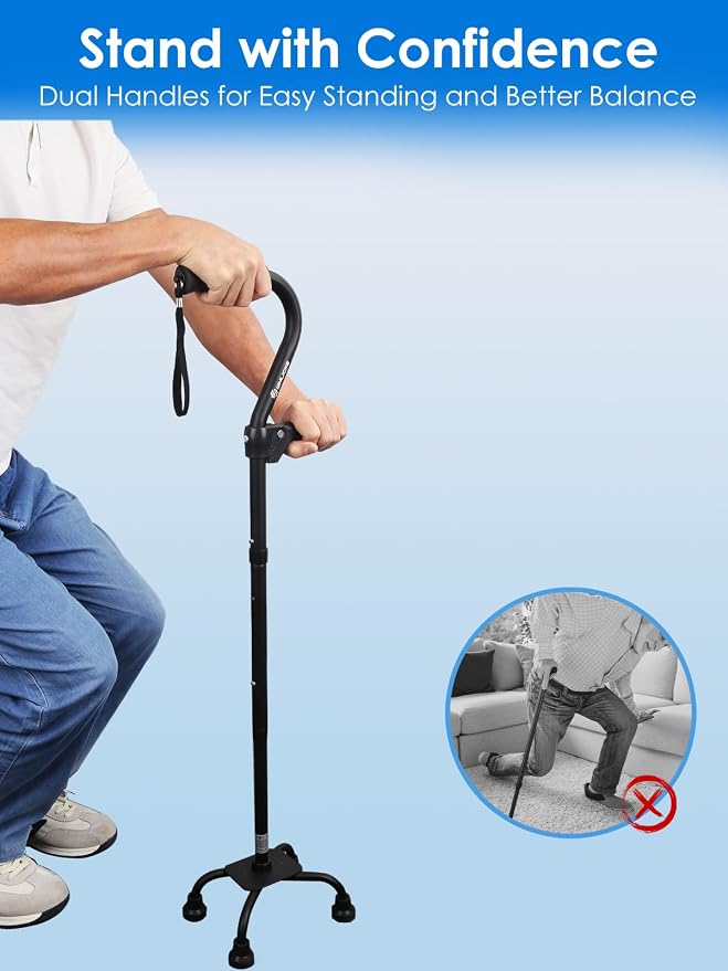 WHLICKS Quad Cane for Stability, Adjustable Walking Cane for Women & Men with A Large 4 Pronged Base for Balance, 350lbs Heavy Duty Cane with 4 Legs & Second Handle, Walking Sticks for Seniors