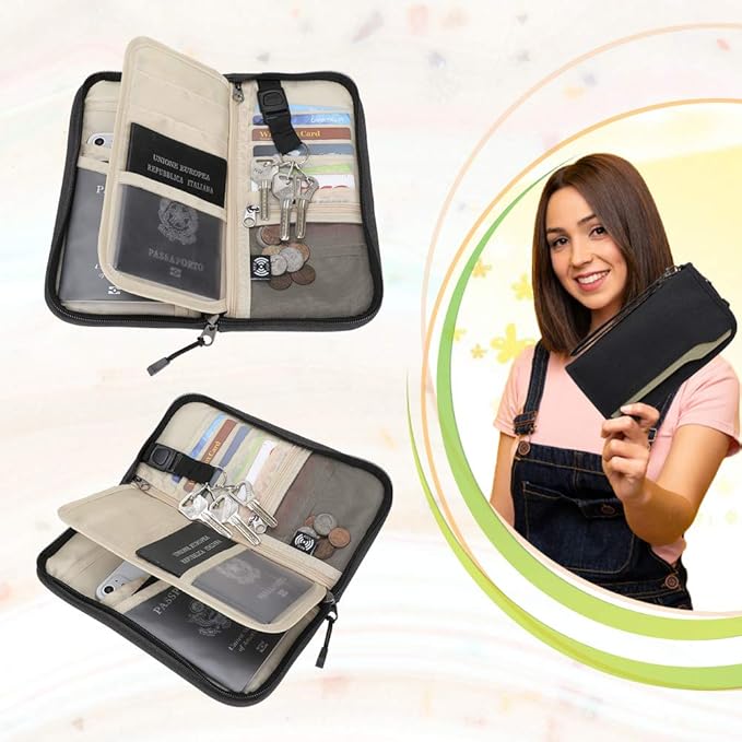 Passport Holder Family RFID Passport Wallet, Passport Holder Women/Men, Travel Wallet Documents Organizer Zipper Case with Removable Wristlet Strap, Travel Essentials for Flying